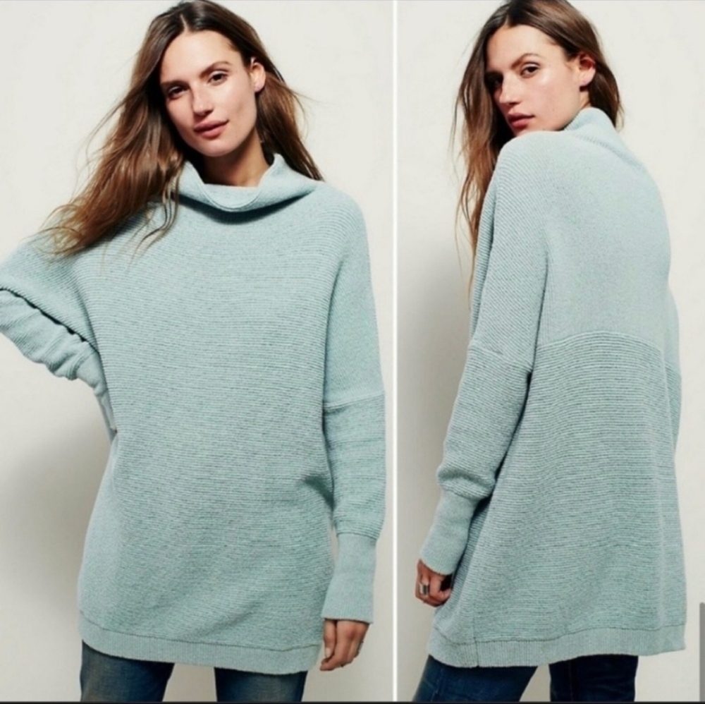 Free People Ottoman Slouchy Tunic Oversized Sweater XS S Blue Green Dress